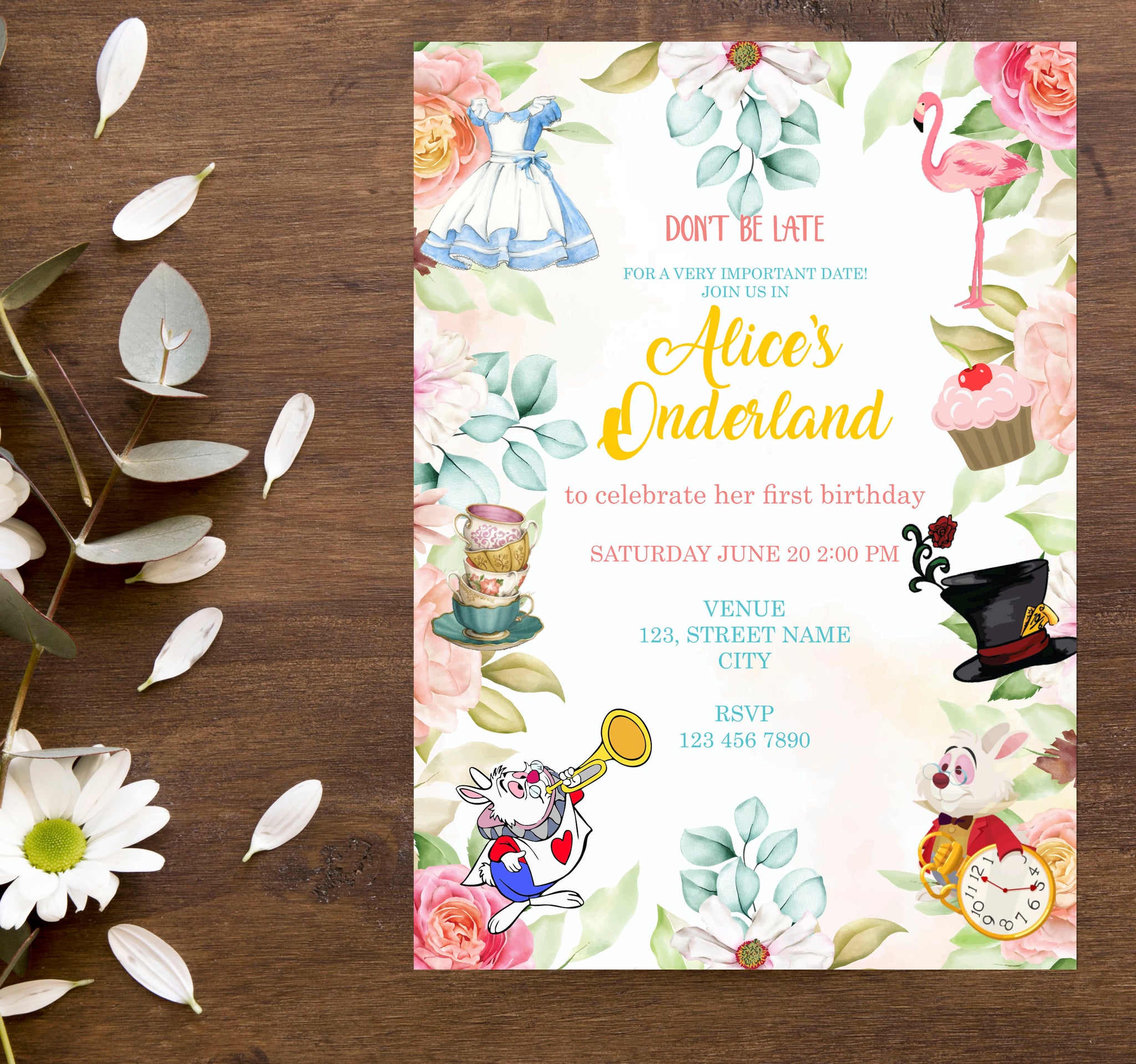 Alice in Wonderland Inspired Birthday Party Invitation, Personalized