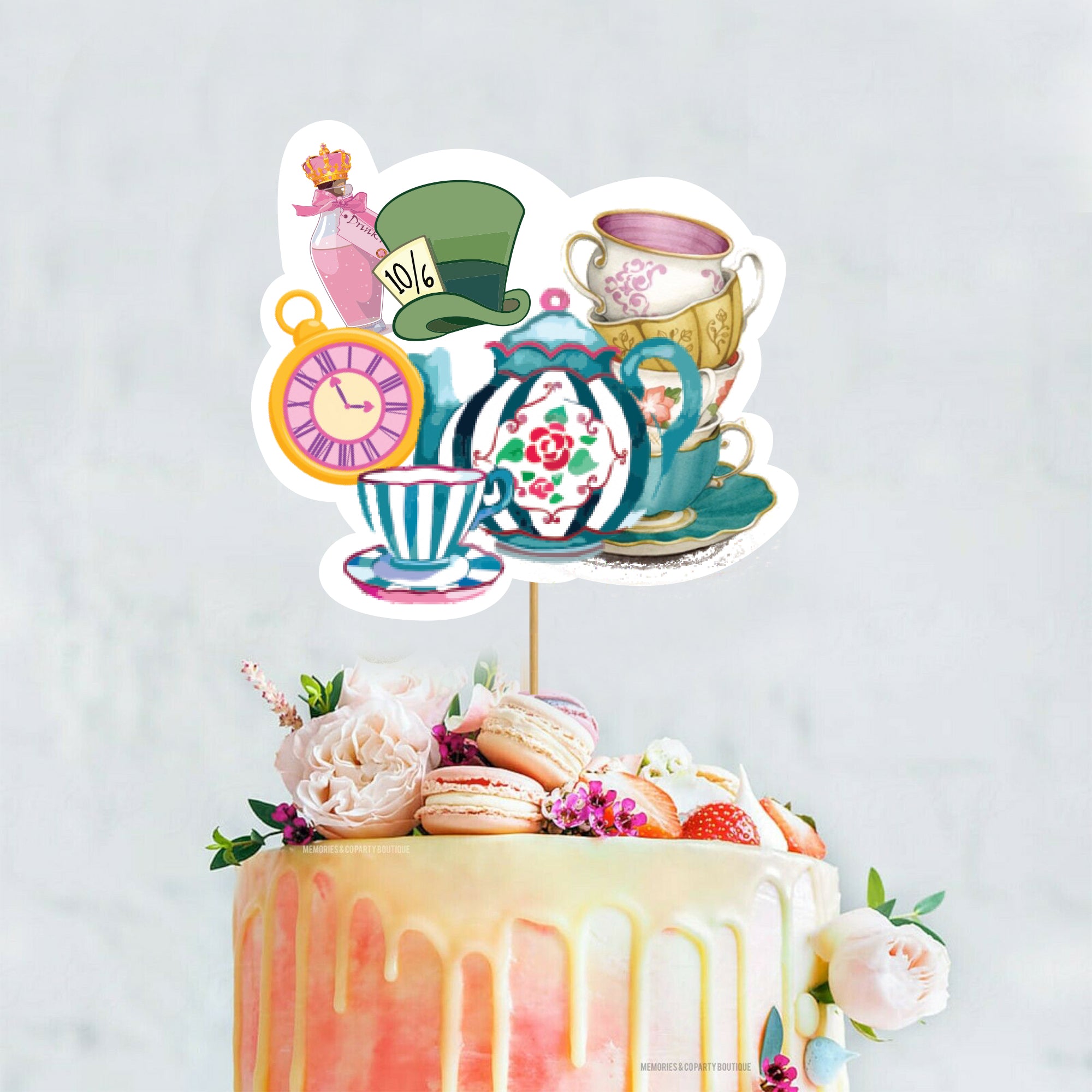 Alice in Wonderland Wedding Anniversary Engagement Tea Party Cake Topper
