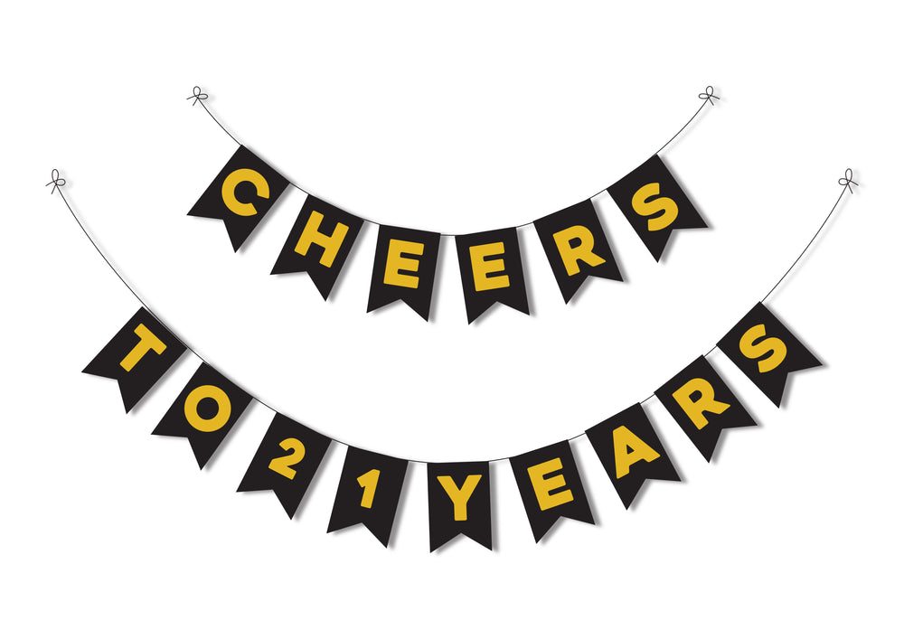 Cheers To 21 years Banner | Black & Gold Cheers To 21 years Birthday Banner