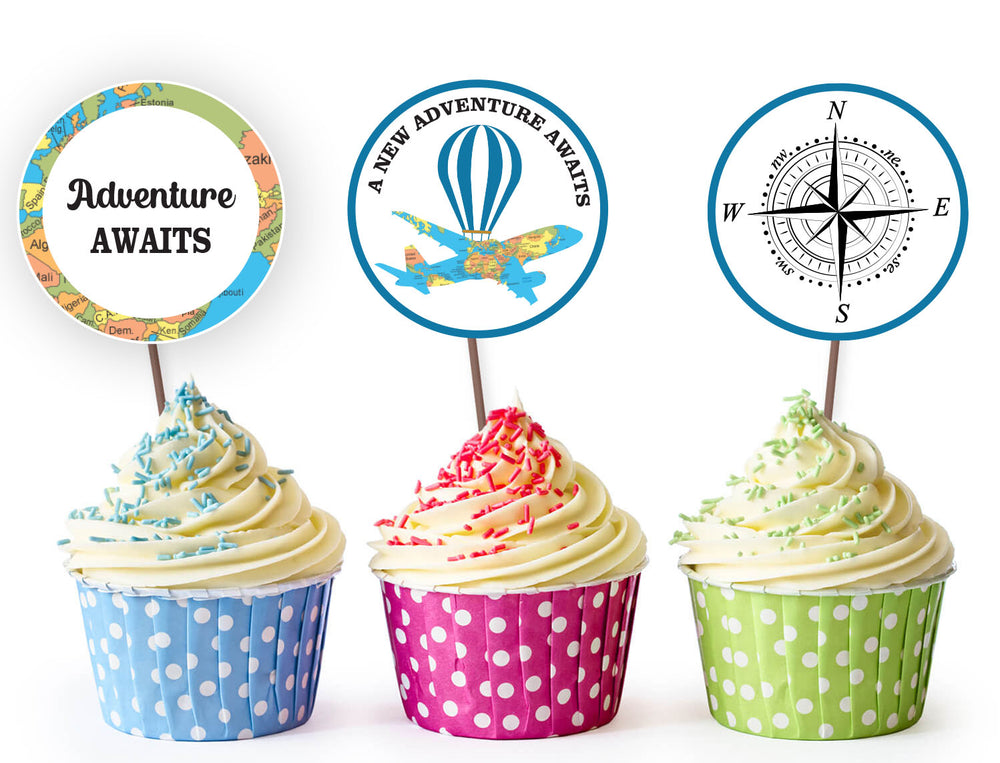 Adventure Awaits Cupcake Toppers | Travel Theme Birthday Party Table toppers