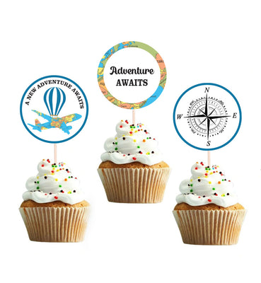 Adventure Awaits Cupcake Toppers | Travel Theme Birthday Party Table toppers