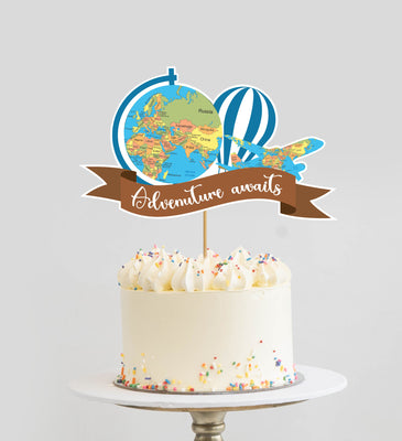 Adventure Awaits Travel Theme Happy Birthday Cake Topper | Table Decoration